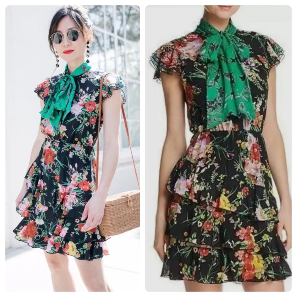 ALICE + OLIVIA Lessie Tiered Floral Tie-Neck Dress